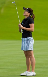 Rebecca Artis of Australia reacts to a missed putt on the 16th hole